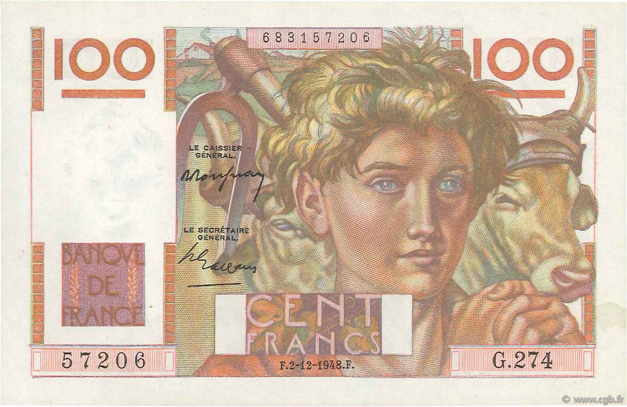 100 Francs JEUNE PAYSAN FRANCE  1948 F.28.20 SPL