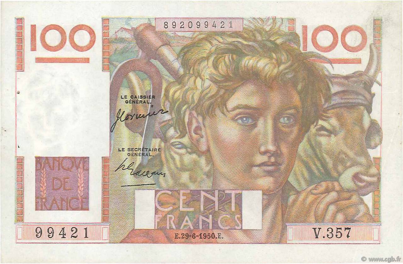 100 Francs JEUNE PAYSAN FRANCE  1950 F.28.25 SUP