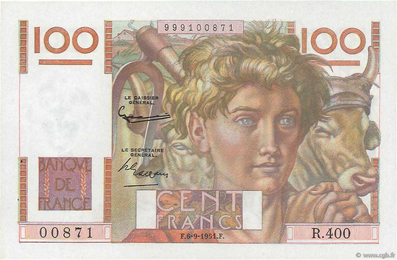 100 Francs JEUNE PAYSAN FRANKREICH  1951 F.28.29 fST