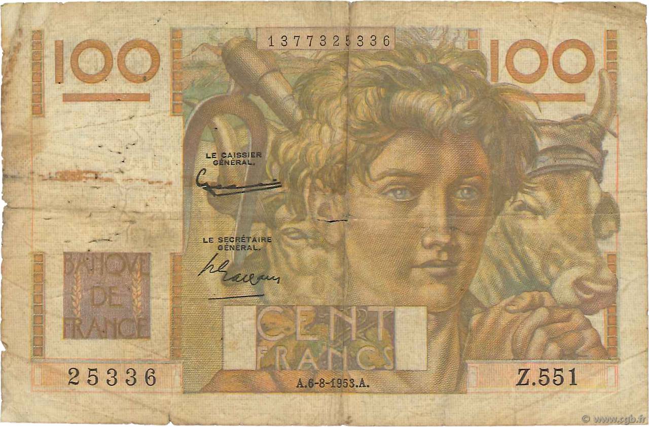 100 Francs JEUNE PAYSAN FRANCE  1953 F.28.38 pr.B