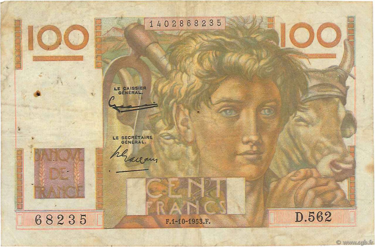 100 Francs JEUNE PAYSAN FRANCE  1953 F.28.39 B