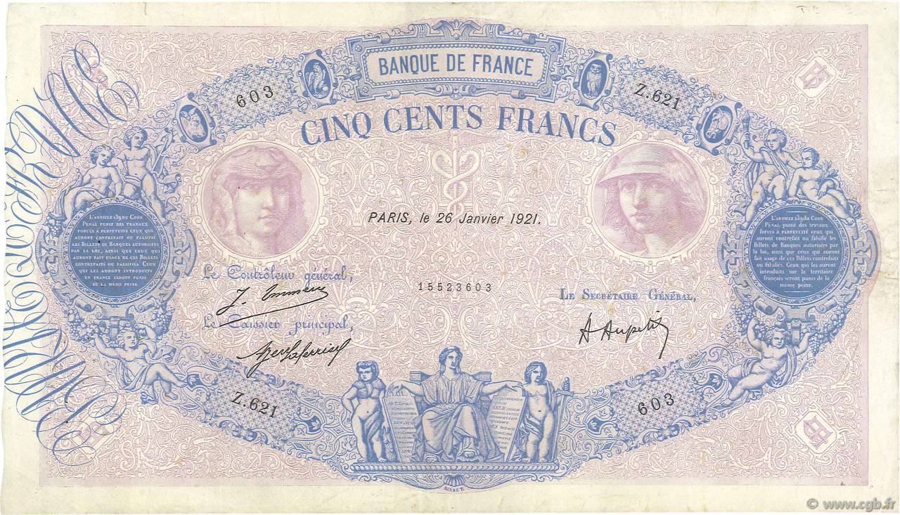 500 Francs BLEU ET ROSE FRANCE  1921 F.30.25 pr.TTB