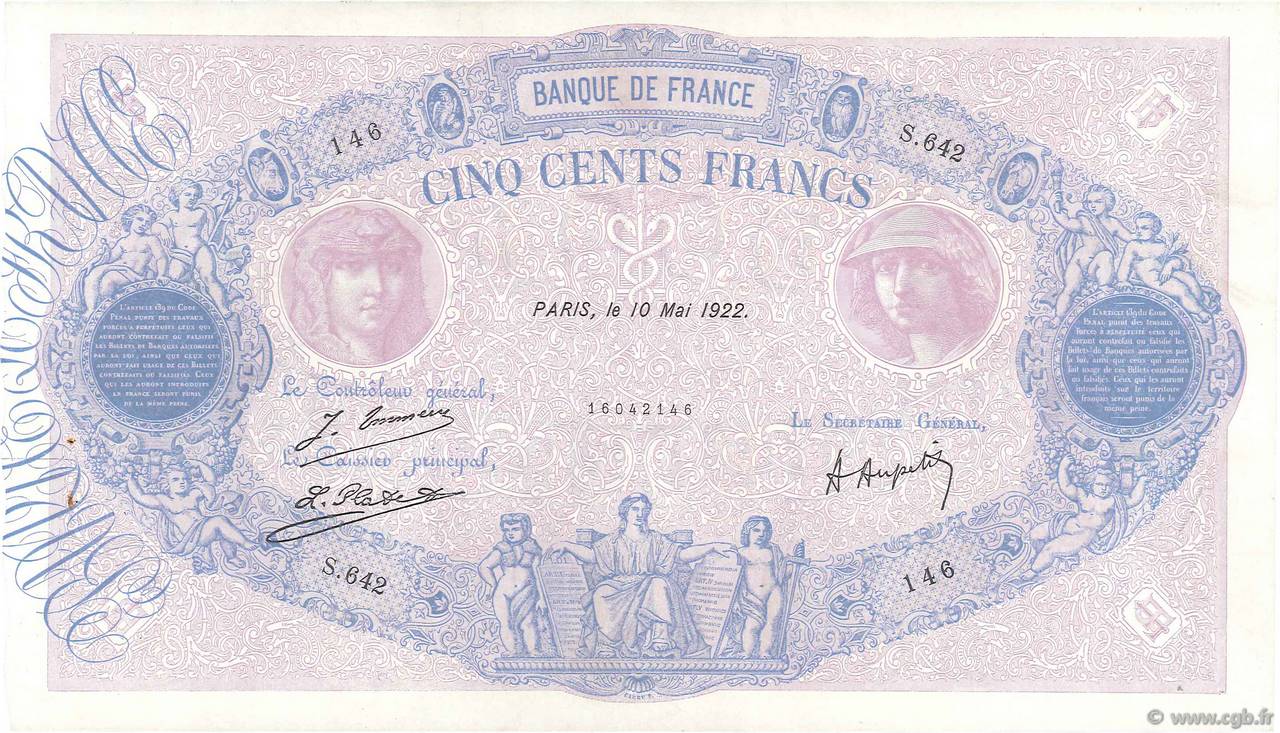 500 Francs BLEU ET ROSE FRANCE  1922 F.30.26 TTB+