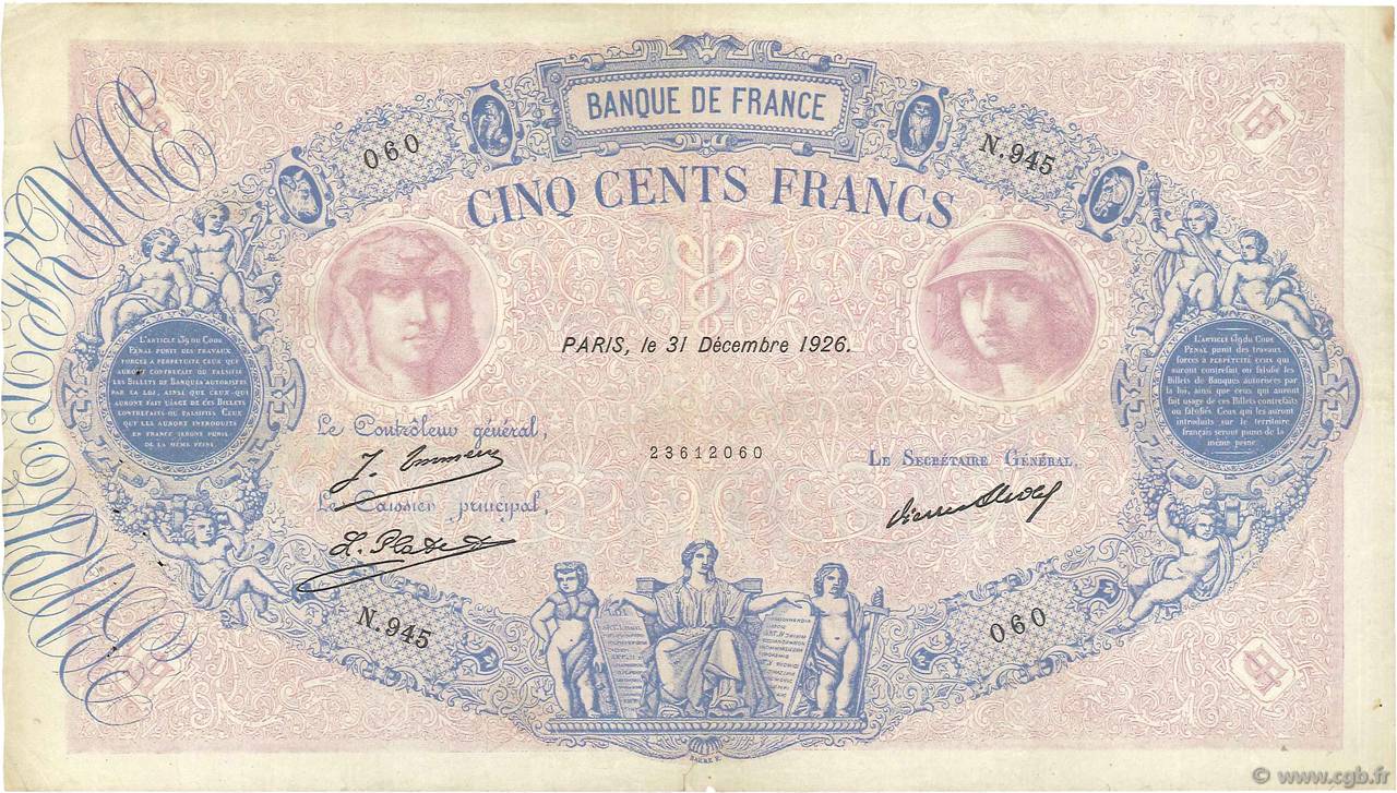 500 Francs BLEU ET ROSE FRANCE  1926 F.30.29 TB+