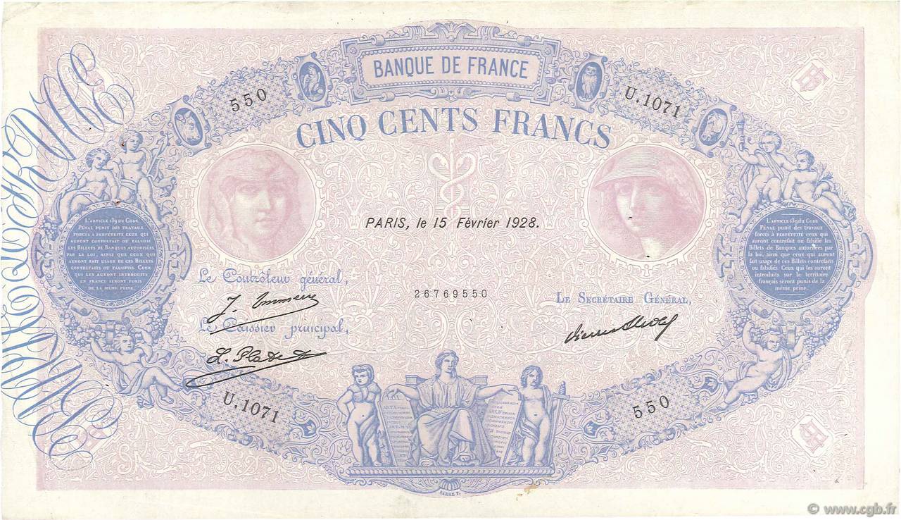 500 Francs BLEU ET ROSE FRANCE  1928 F.30.31 pr.TTB