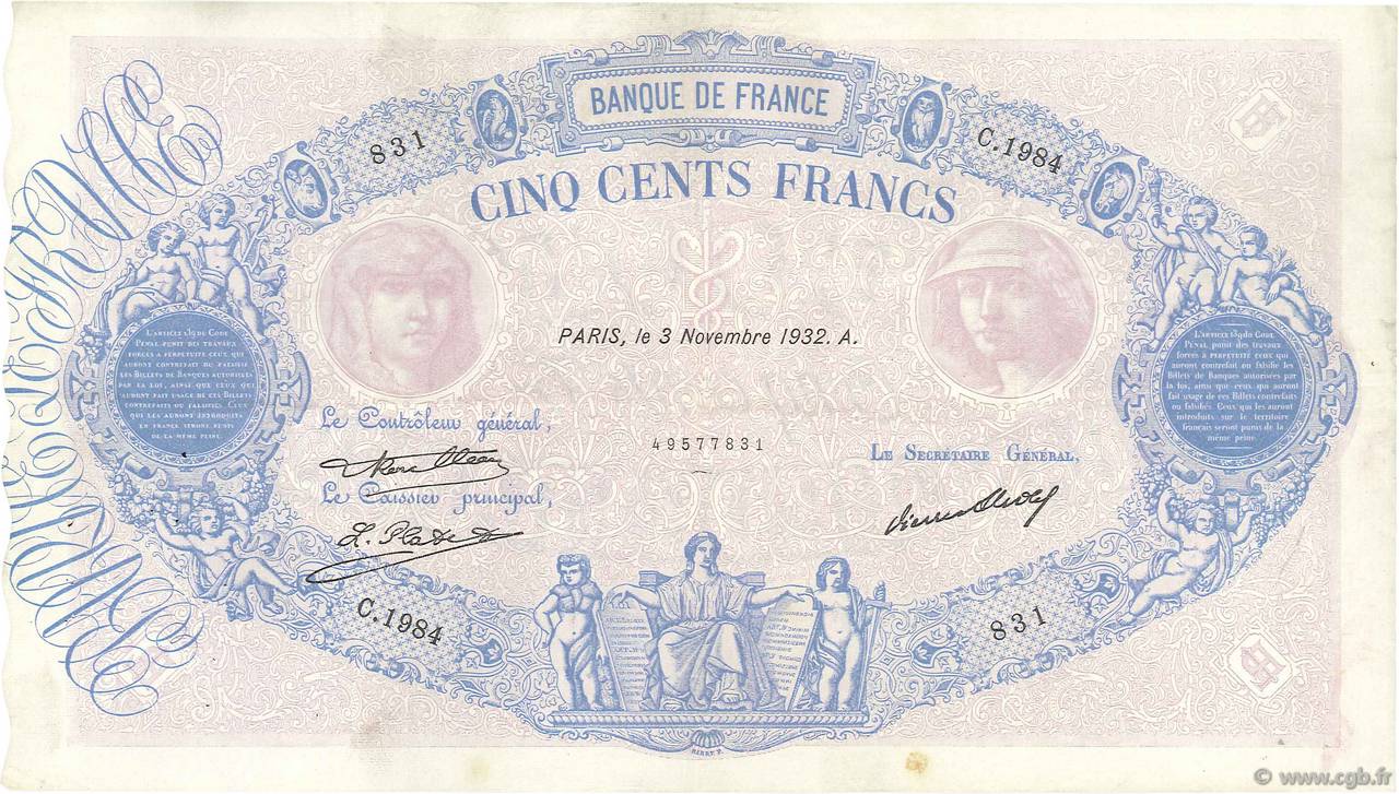 500 Francs BLEU ET ROSE FRANCE  1932 F.30.35 TTB
