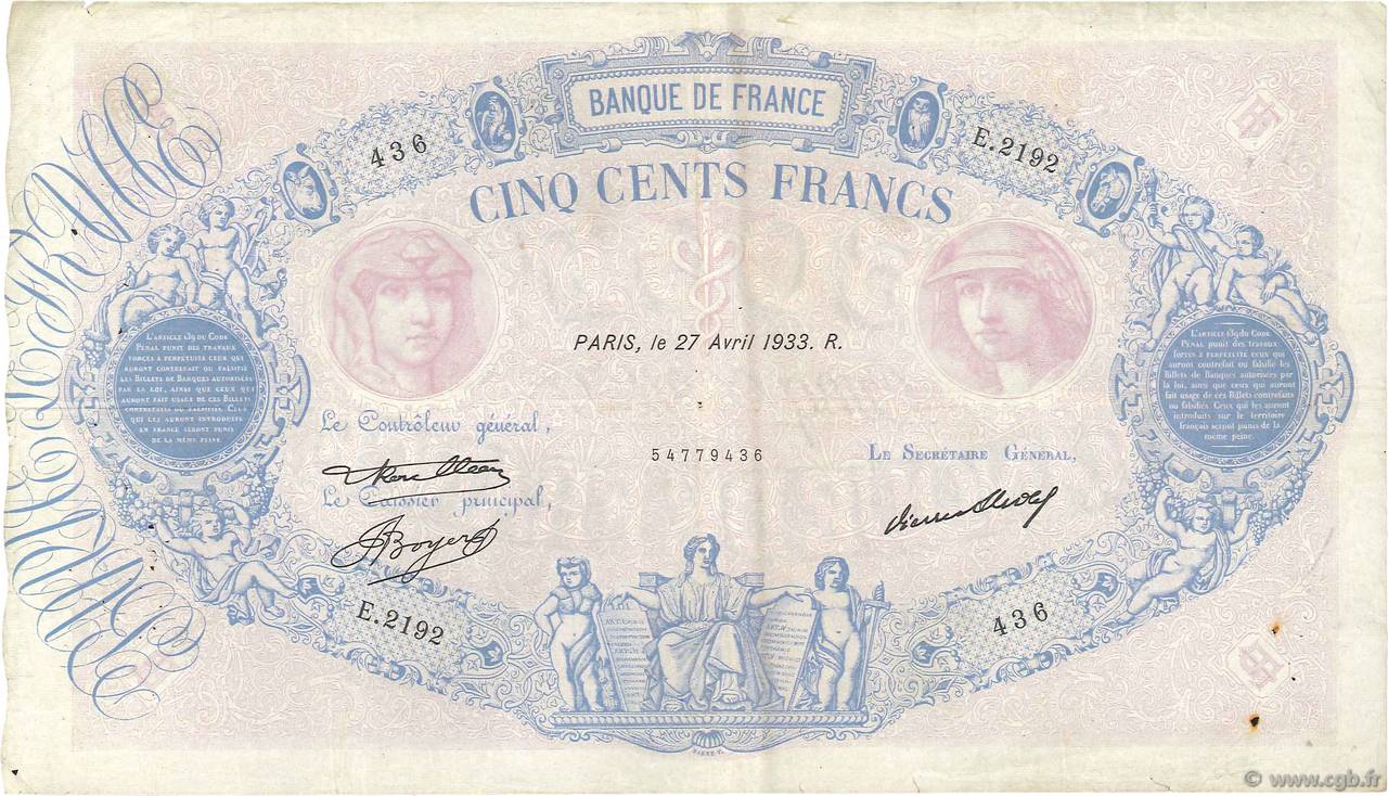 500 Francs BLEU ET ROSE FRANCE  1933 F.30.36 TB