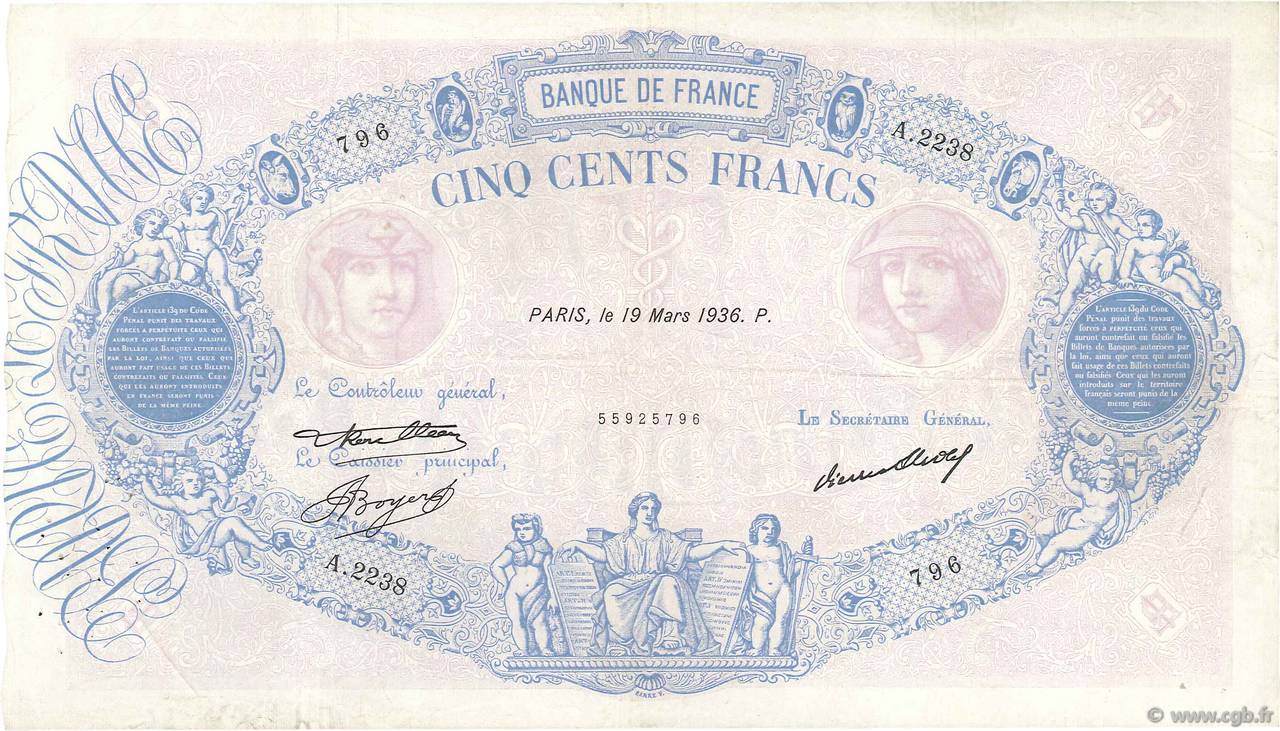 500 Francs BLEU ET ROSE FRANCE  1936 F.30.37 TB+
