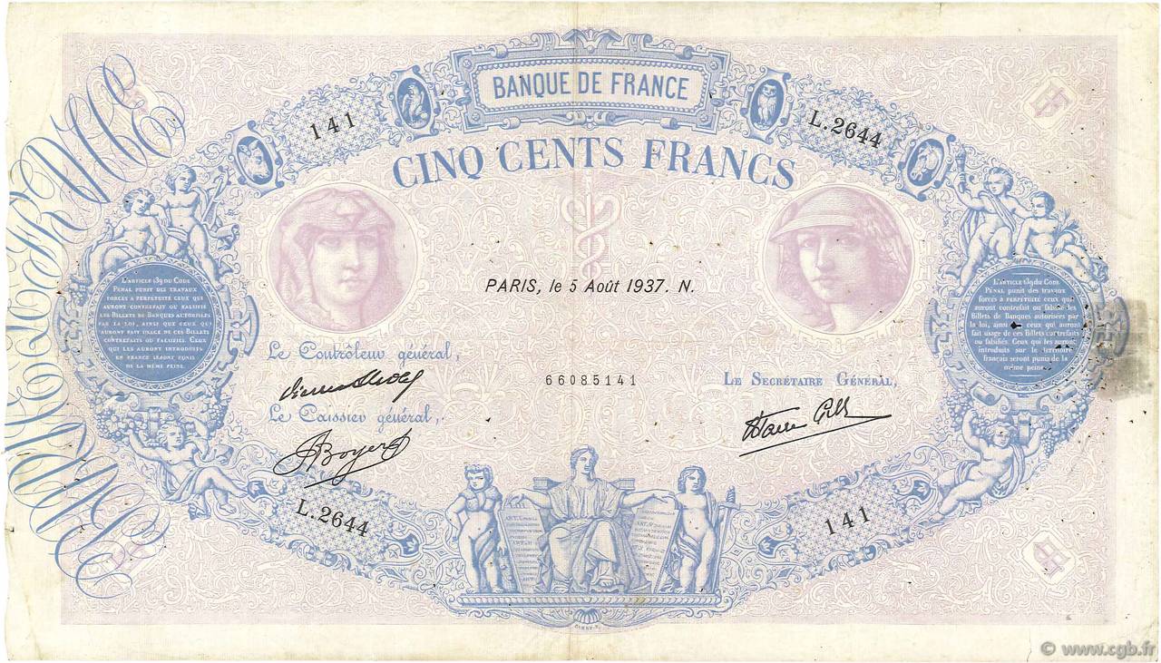 500 Francs BLEU ET ROSE modifié FRANCE  1937 F.31.01 TB