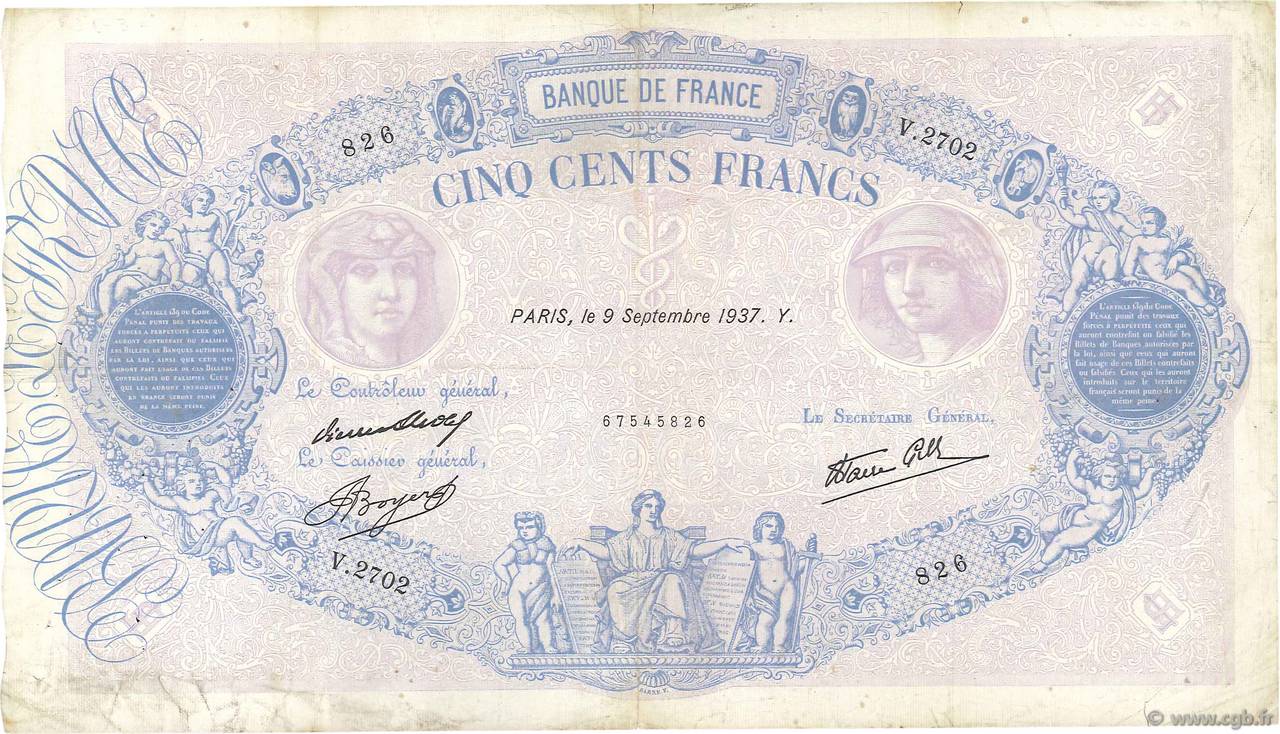 500 Francs BLEU ET ROSE modifié FRANCE  1937 F.31.03 TB