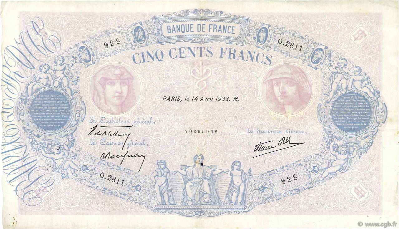 500 Francs BLEU ET ROSE modifié FRANCE  1938 F.31.08 pr.TTB