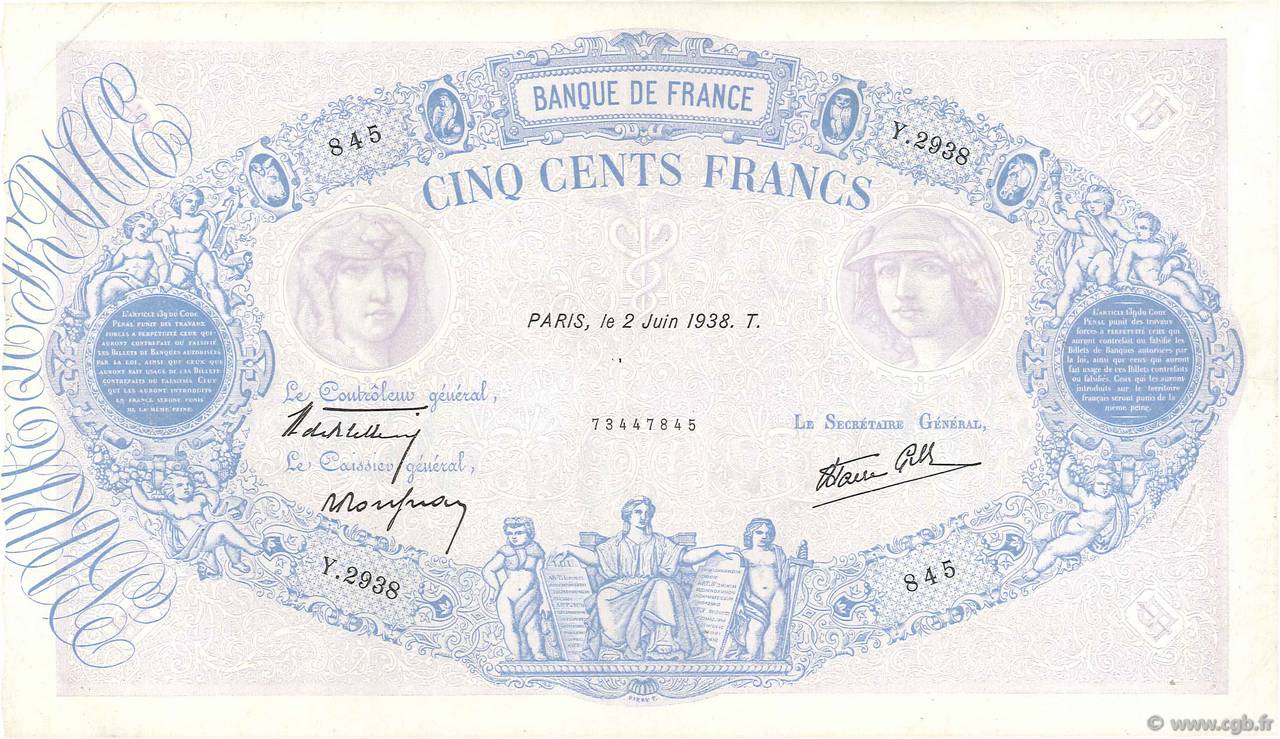 500 Francs BLEU ET ROSE modifié FRANCE  1938 F.31.13 TTB