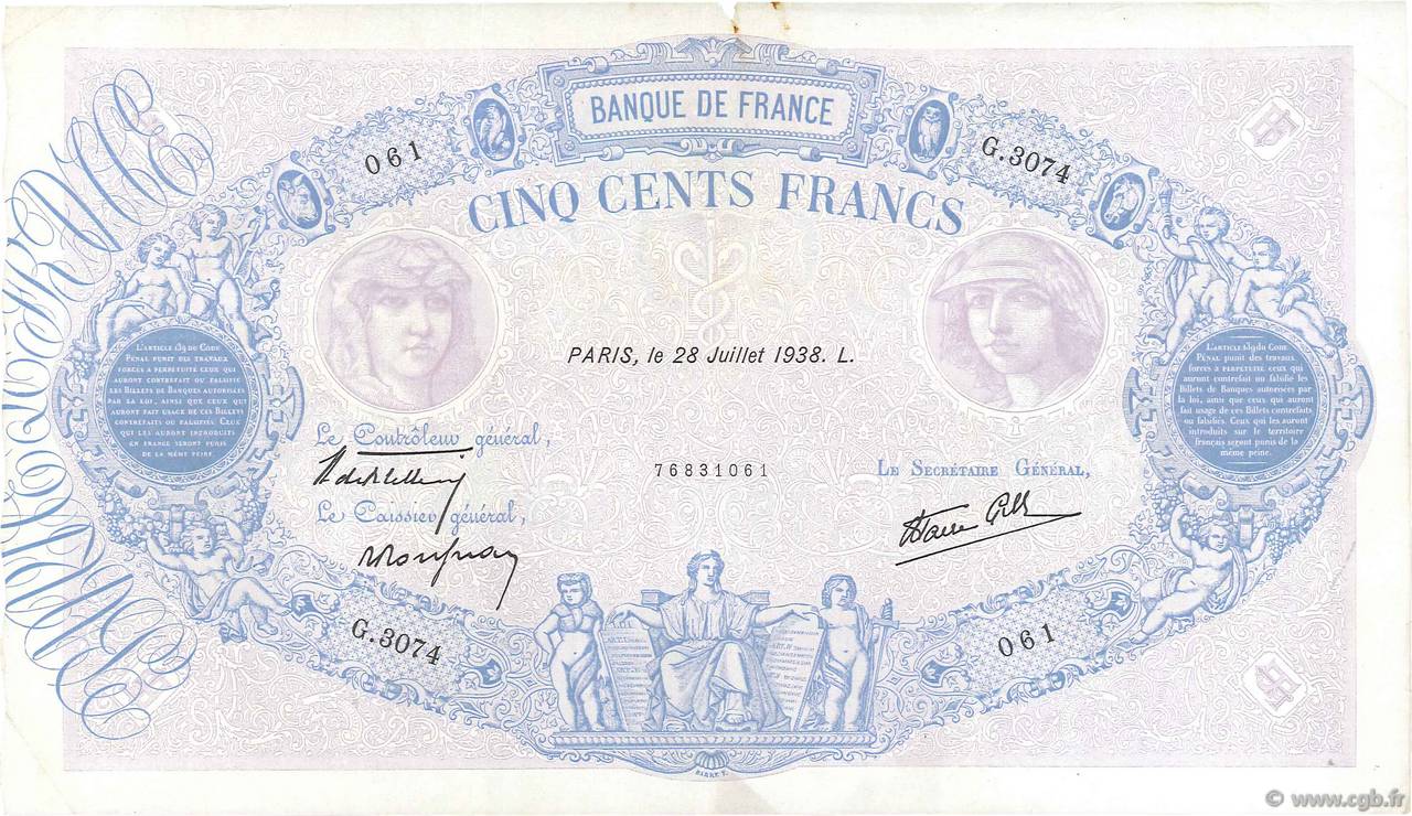 500 Francs BLEU ET ROSE modifié FRANCE  1938 F.31.19 TB