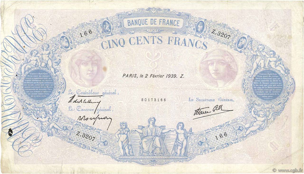 500 Francs BLEU ET ROSE modifié FRANCE  1939 F.31.24 TB