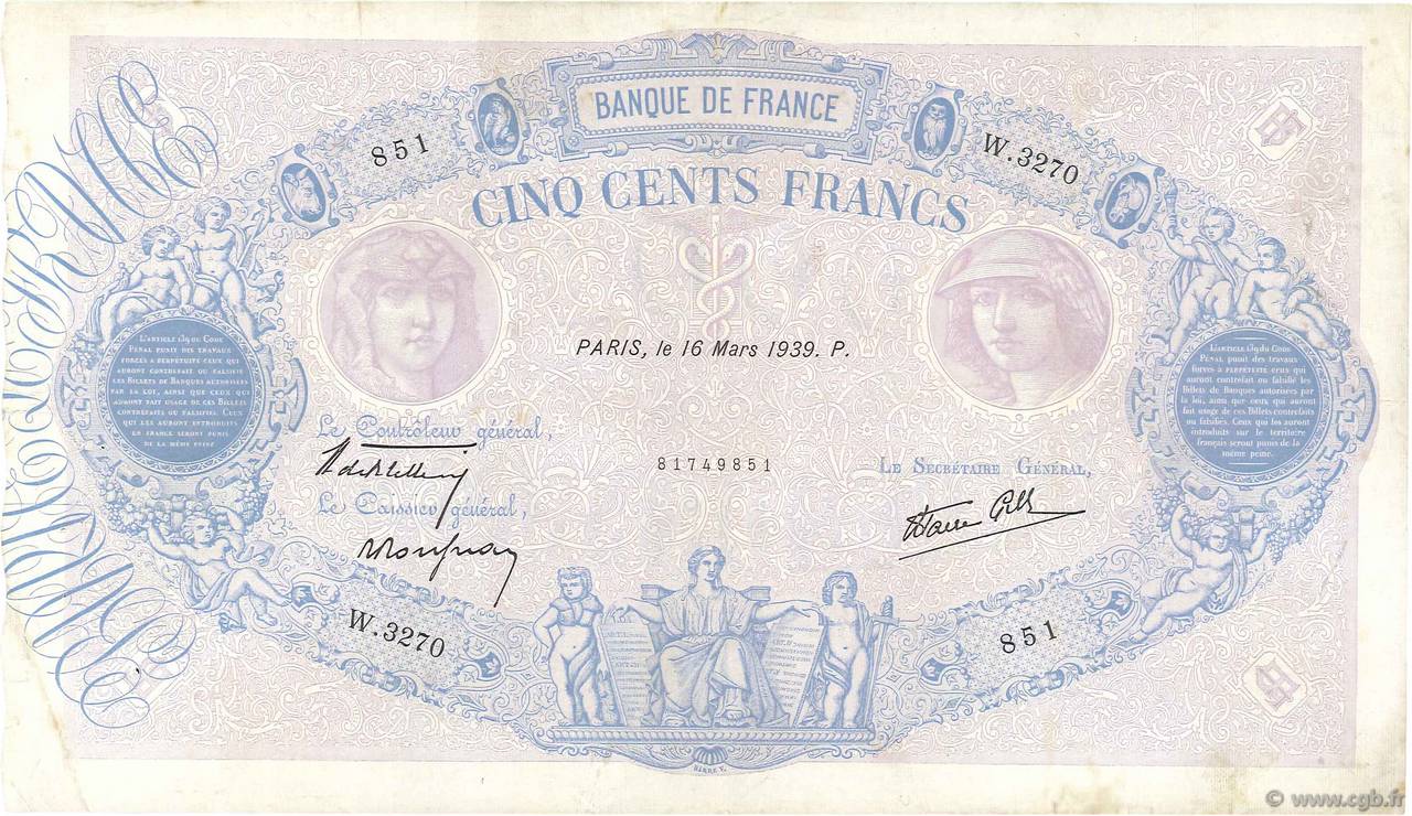 500 Francs BLEU ET ROSE modifié FRANCE  1939 F.31.27 TB+