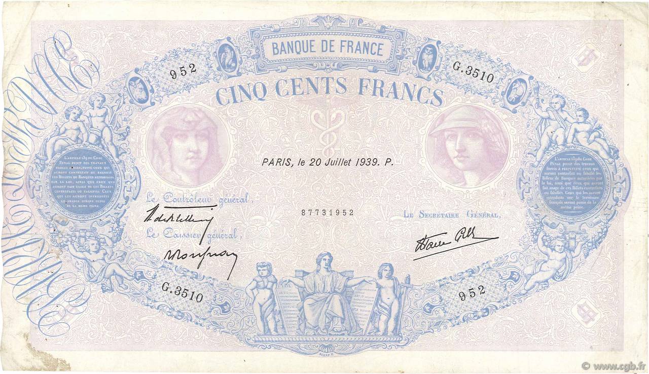 500 Francs BLEU ET ROSE modifié FRANCE  1939 F.31.37 TB