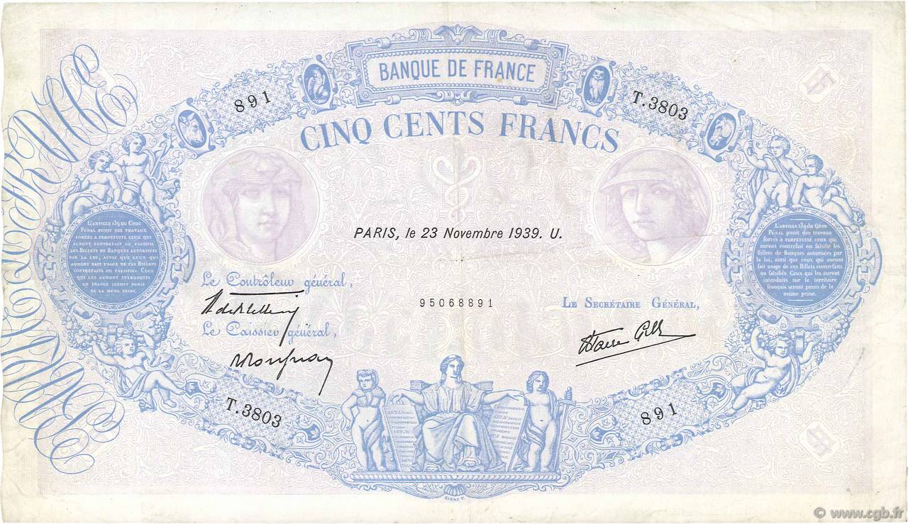 500 Francs BLEU ET ROSE modifié FRANCE  1939 F.31.49 TTB