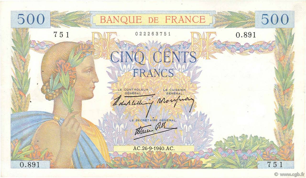 500 Francs LA PAIX FRANCE  1940 F.32.06 TTB