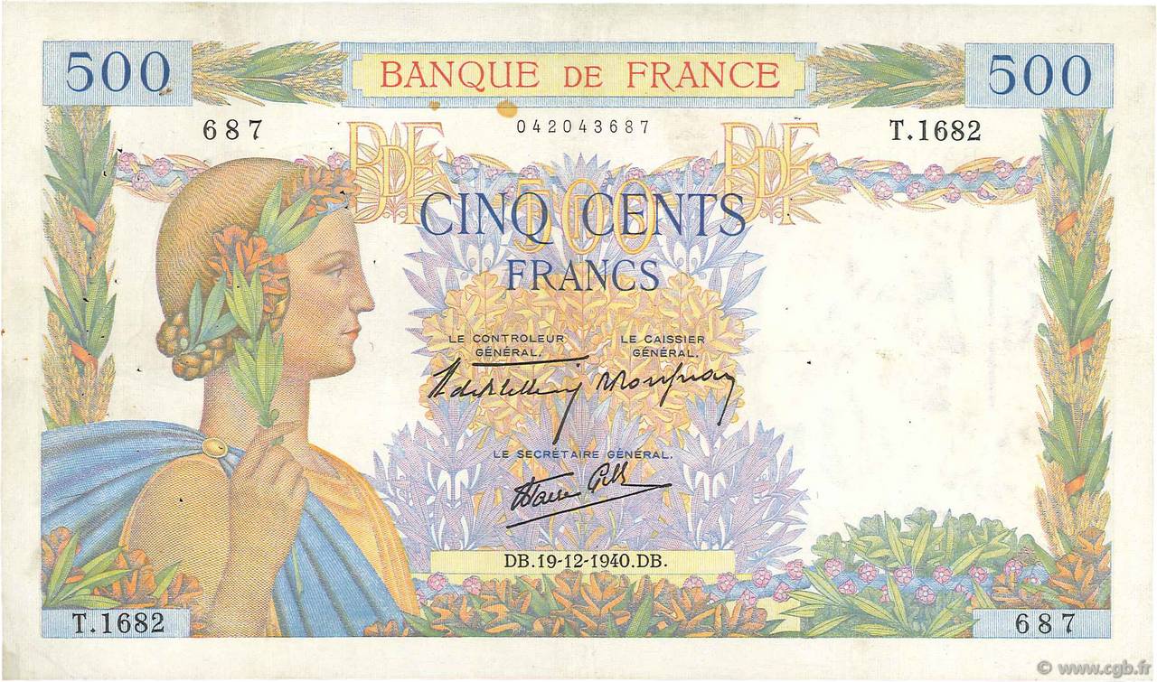 500 Francs LA PAIX FRANCE  1940 F.32.11 TB+