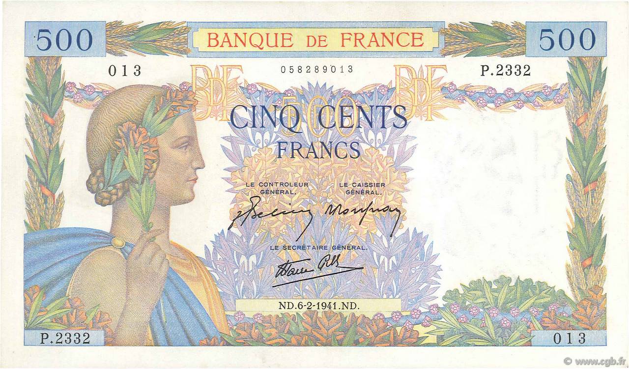 500 Francs LA PAIX FRANCE  1941 F.32.14 pr.SPL