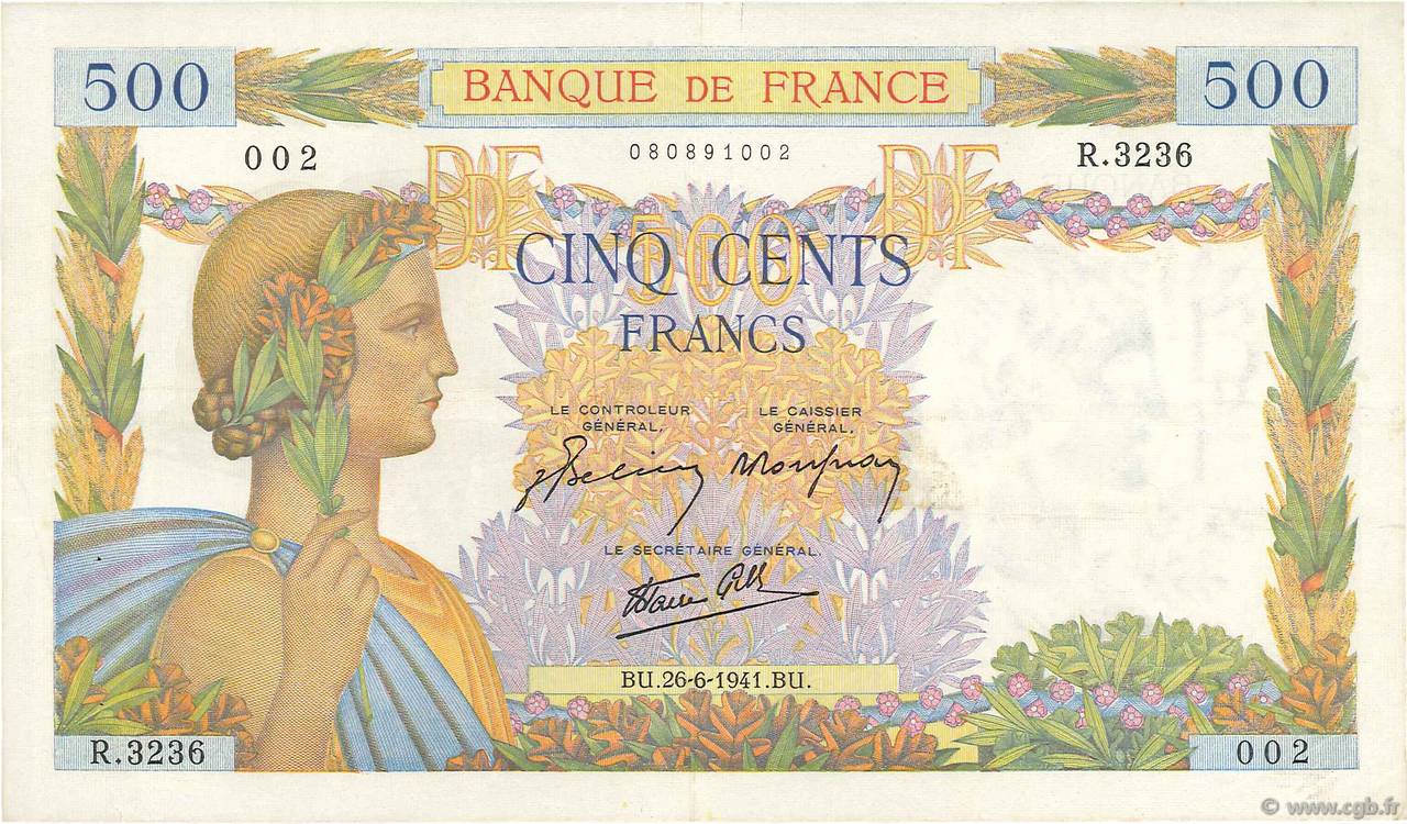 500 Francs LA PAIX FRANCE  1941 F.32.19 TTB