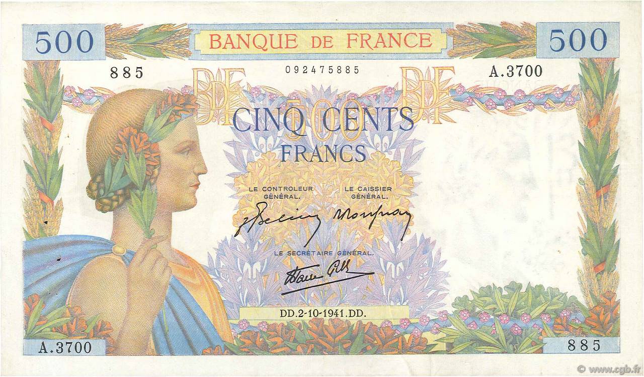 500 Francs LA PAIX FRANCE  1941 F.32.22 TTB+