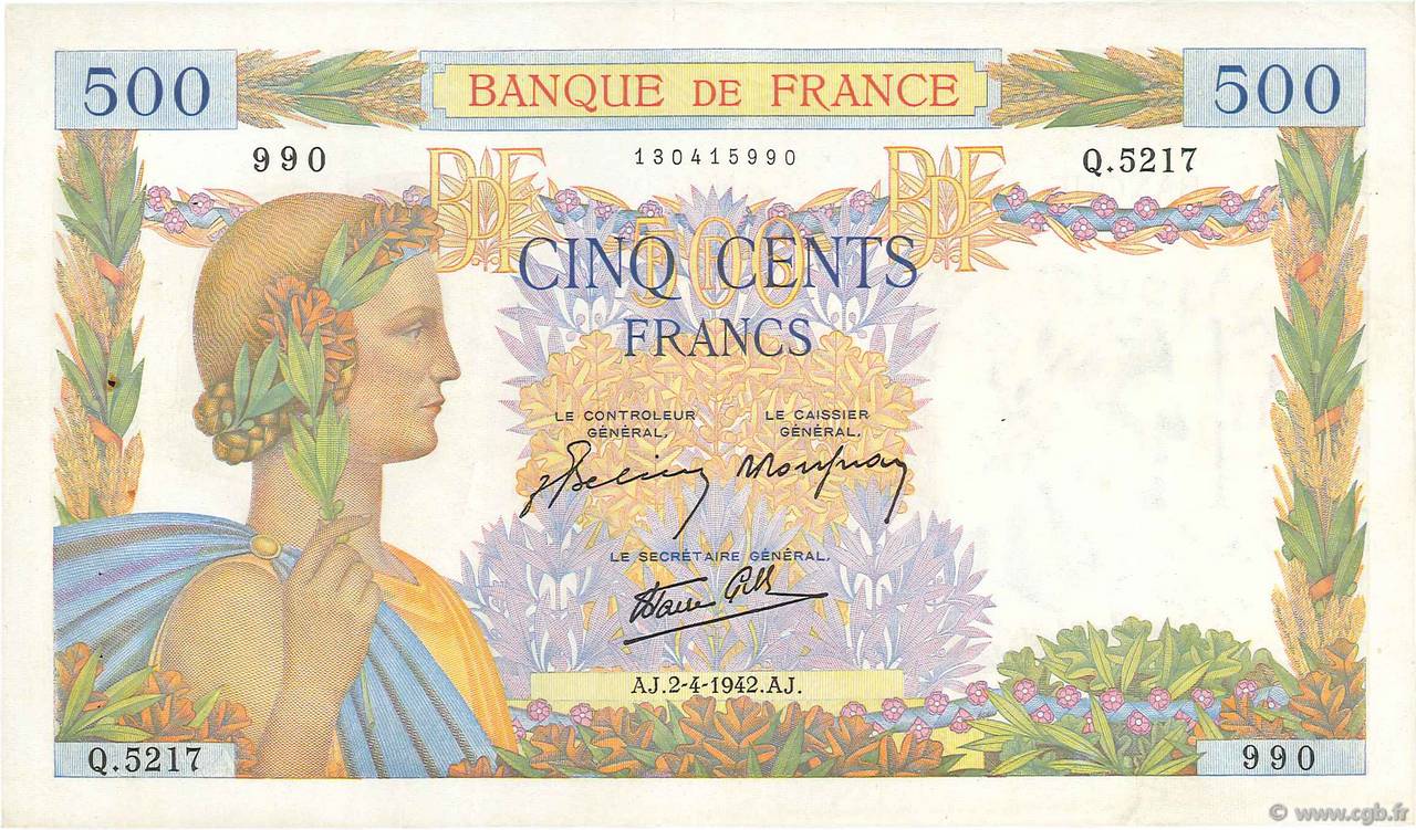 500 Francs LA PAIX FRANCE  1942 F.32.33 TTB