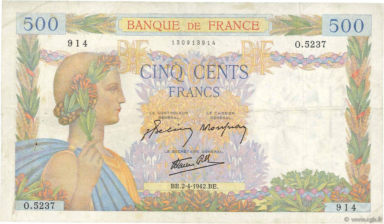 500 Francs LA PAIX FRANCE  1942 F.32.33 TB