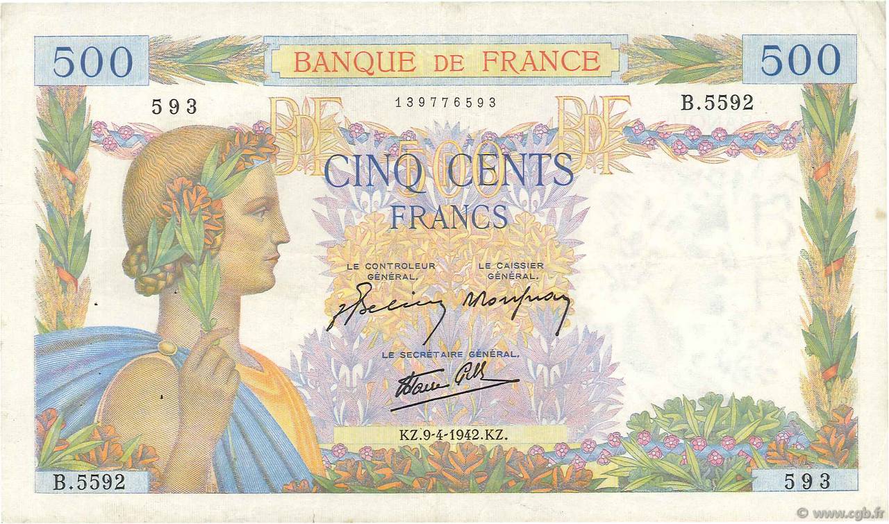 500 Francs LA PAIX FRANCE  1942 F.32.34 pr.TTB