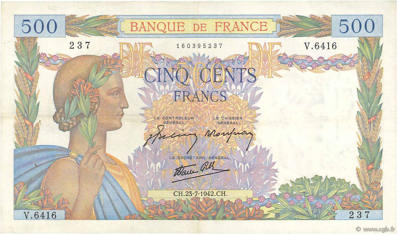 500 Francs LA PAIX FRANCE  1942 F.32.38 TTB