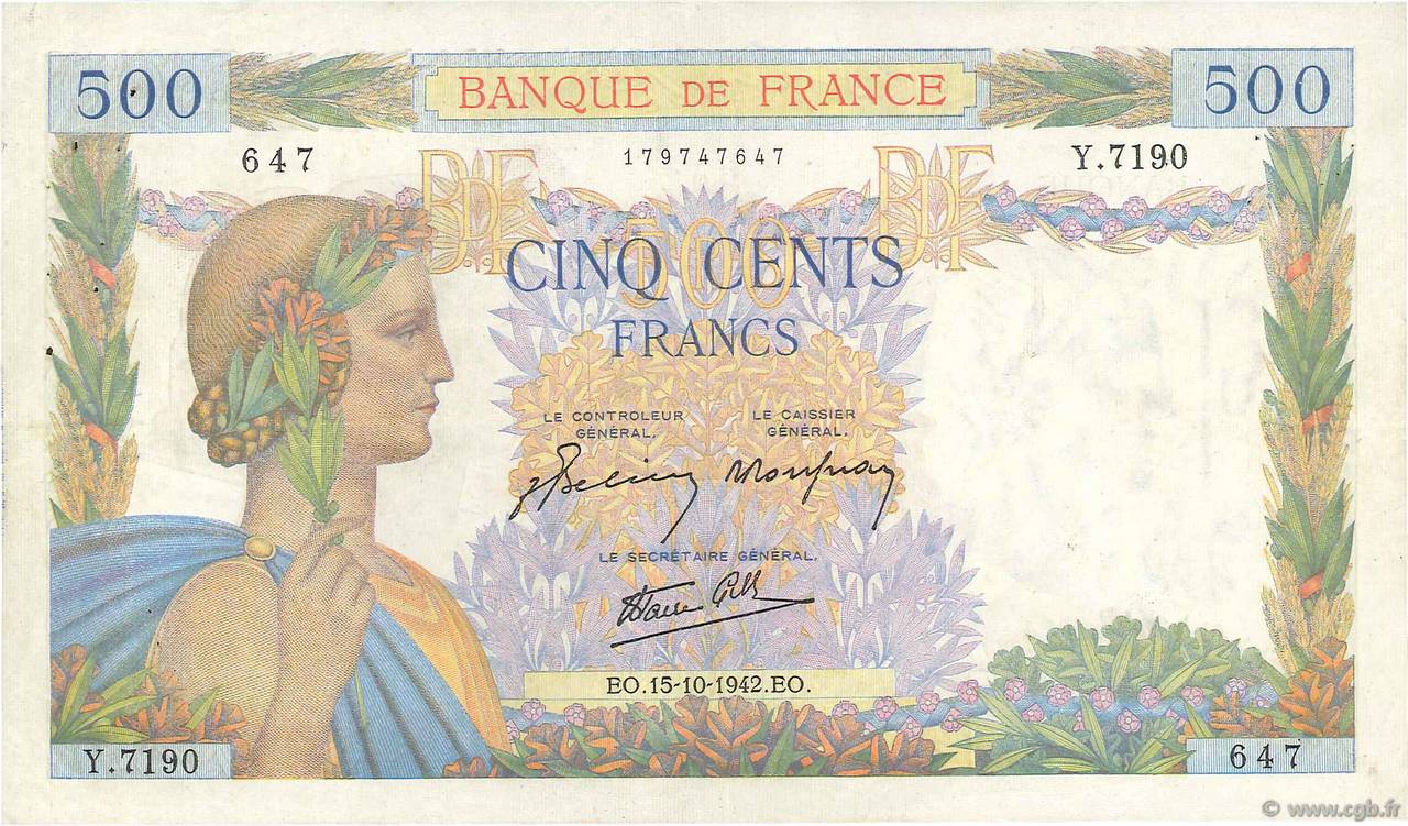 500 Francs LA PAIX FRANCE  1942 F.32.42 pr.TTB