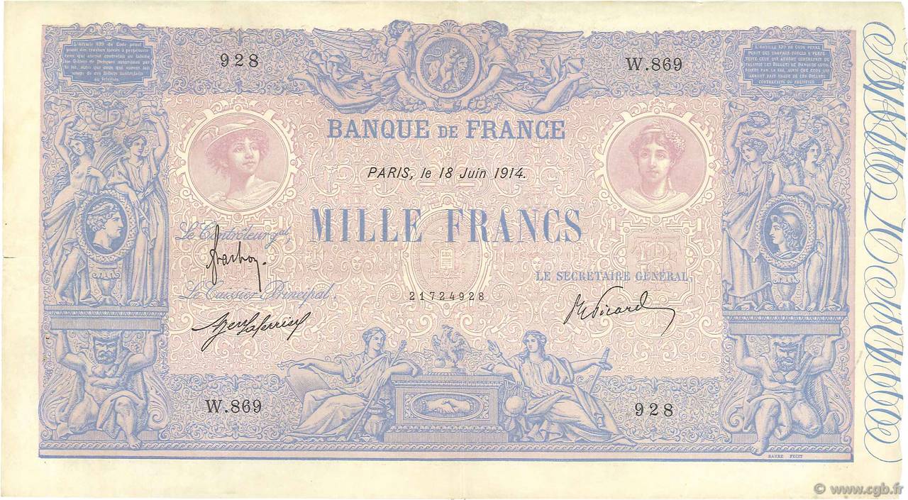1000 Francs BLEU ET ROSE FRANCE  1914 F.36.28 TTB+