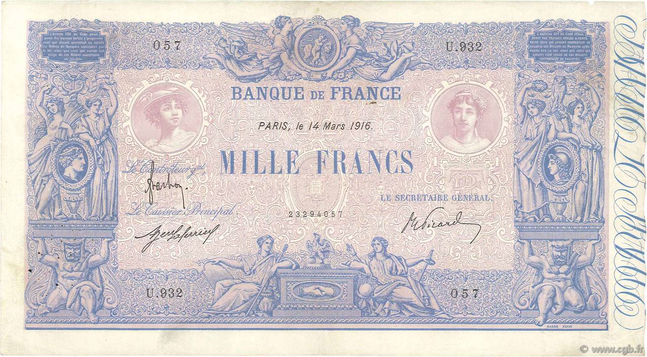 1000 Francs BLEU ET ROSE FRANCE  1916 F.36.30 VF