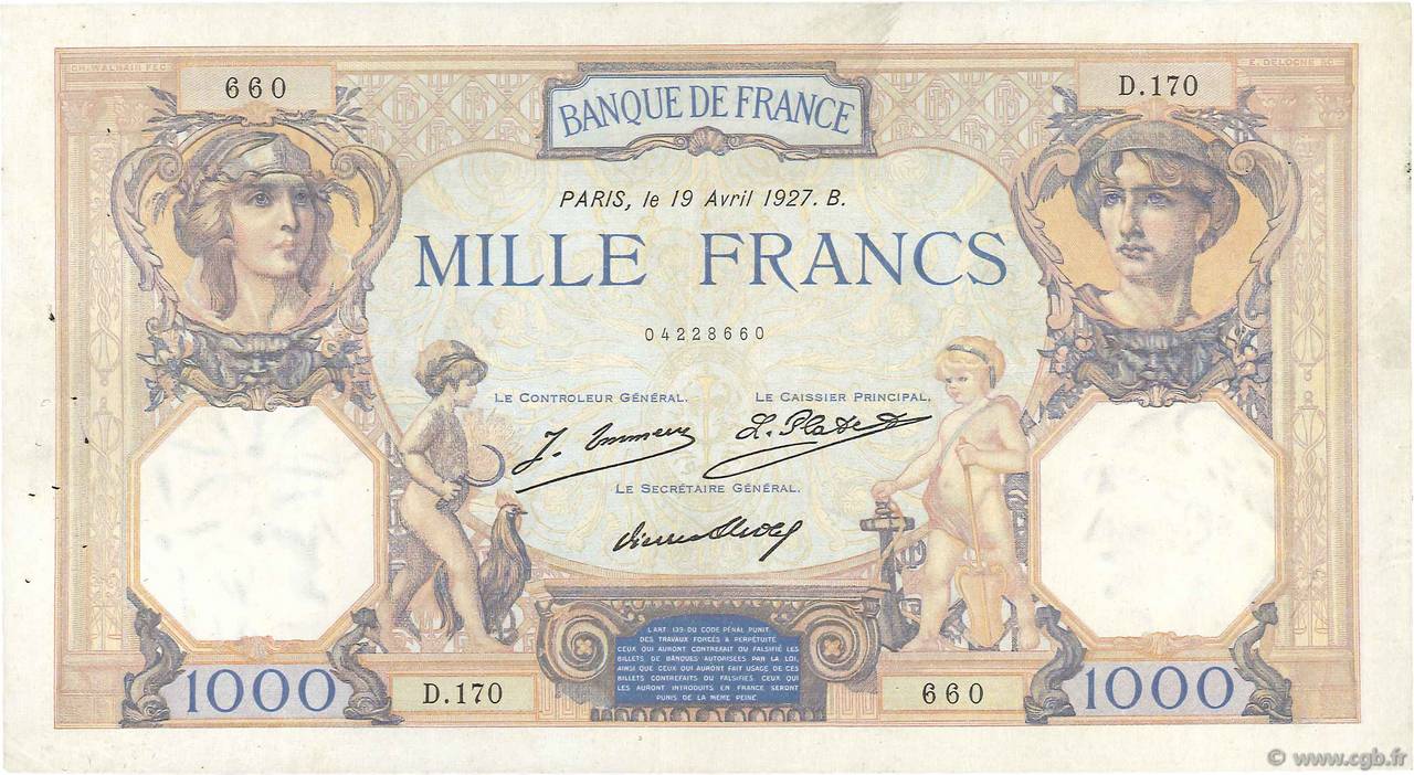 1000 Francs CÉRÈS ET MERCURE FRANCE  1927 F.37.01 TTB