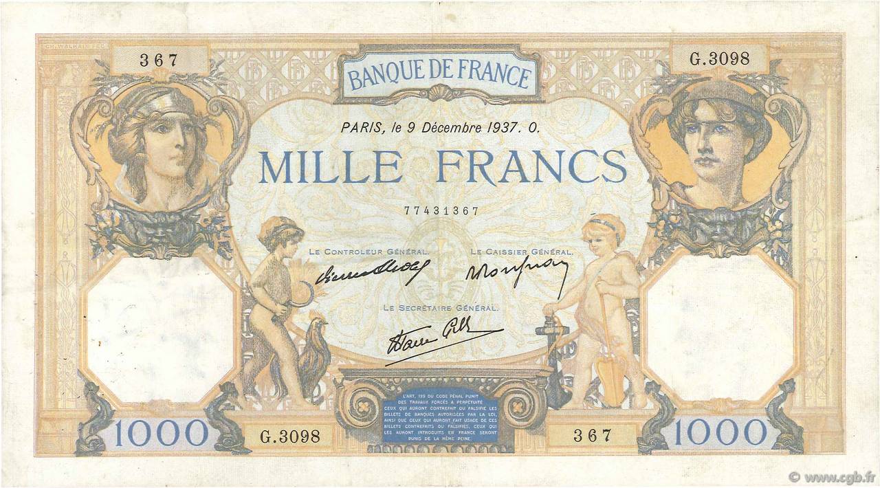 1000 Francs CÉRÈS ET MERCURE type modifié FRANCE  1937 F.38.06 TB