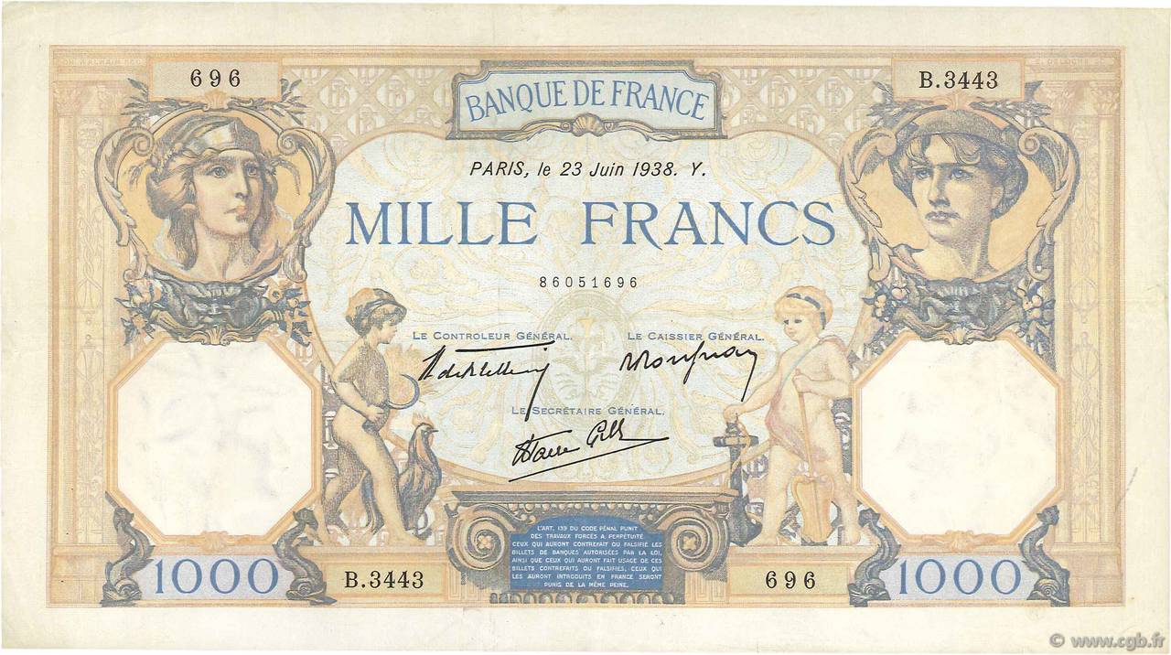 1000 Francs CÉRÈS ET MERCURE type modifié FRANCE  1938 F.38.20 TTB+