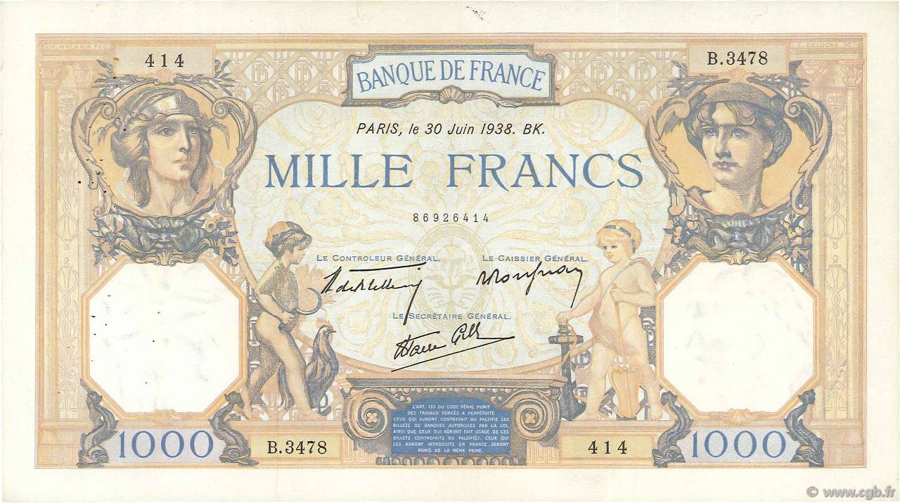 1000 Francs CÉRÈS ET MERCURE type modifié FRANCE  1938 F.38.21 TTB