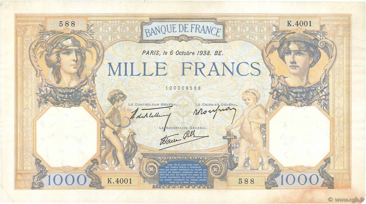 1000 Francs CÉRÈS ET MERCURE type modifié FRANCE  1938 F.38.28 TTB