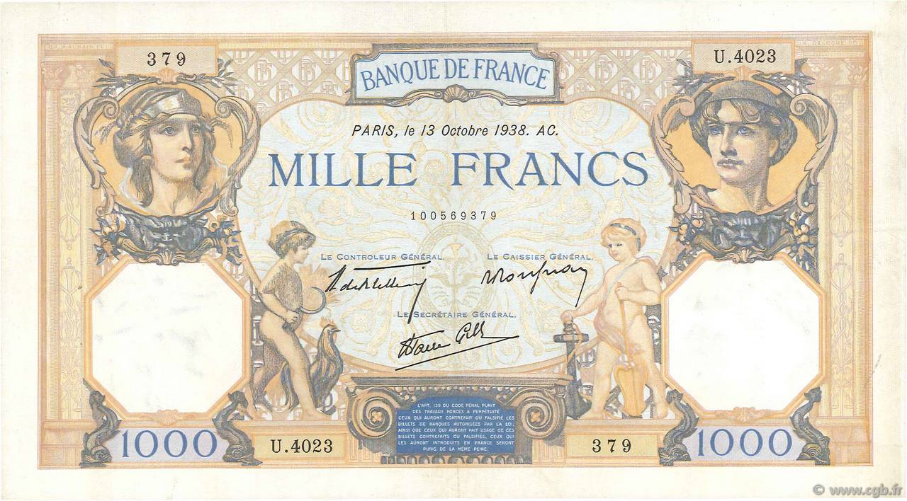 1000 Francs CÉRÈS ET MERCURE type modifié FRANCE  1938 F.38.29 TTB