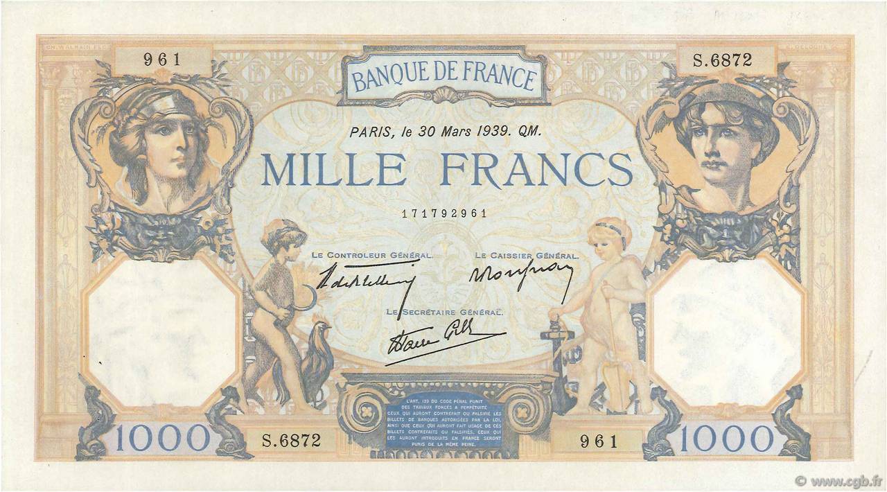 1000 Francs CÉRÈS ET MERCURE type modifié FRANCE  1939 F.38.35 SUP