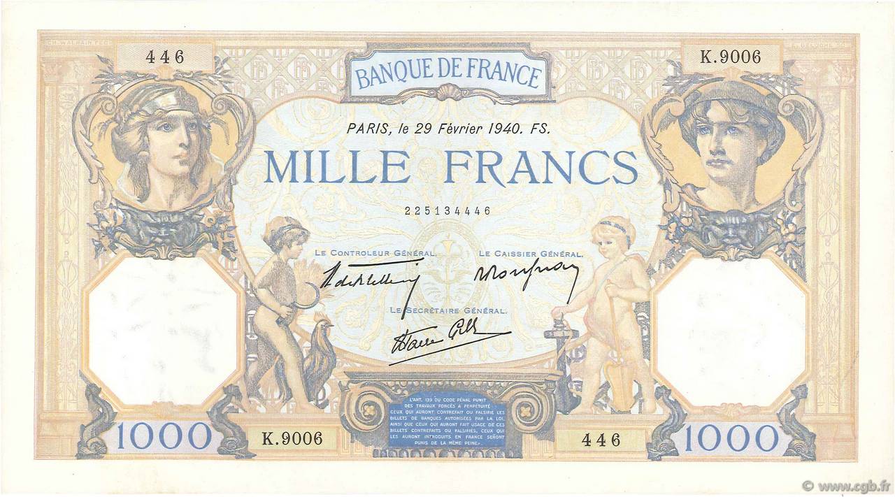 1000 Francs CÉRÈS ET MERCURE type modifié FRANCE  1940 F.38.43 SUP+