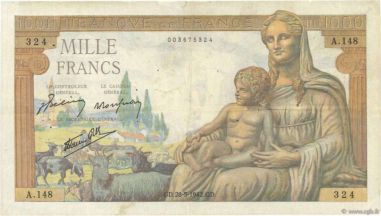1000 Francs DÉESSE DÉMÉTER FRANCE  1942 F.40.01 TB+