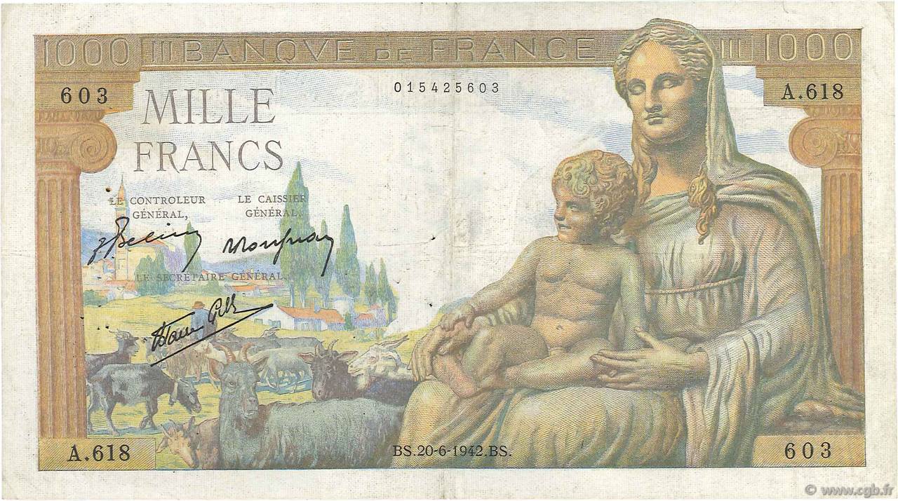 1000 Francs DÉESSE DÉMÉTER FRANCE  1942 F.40.03 TB