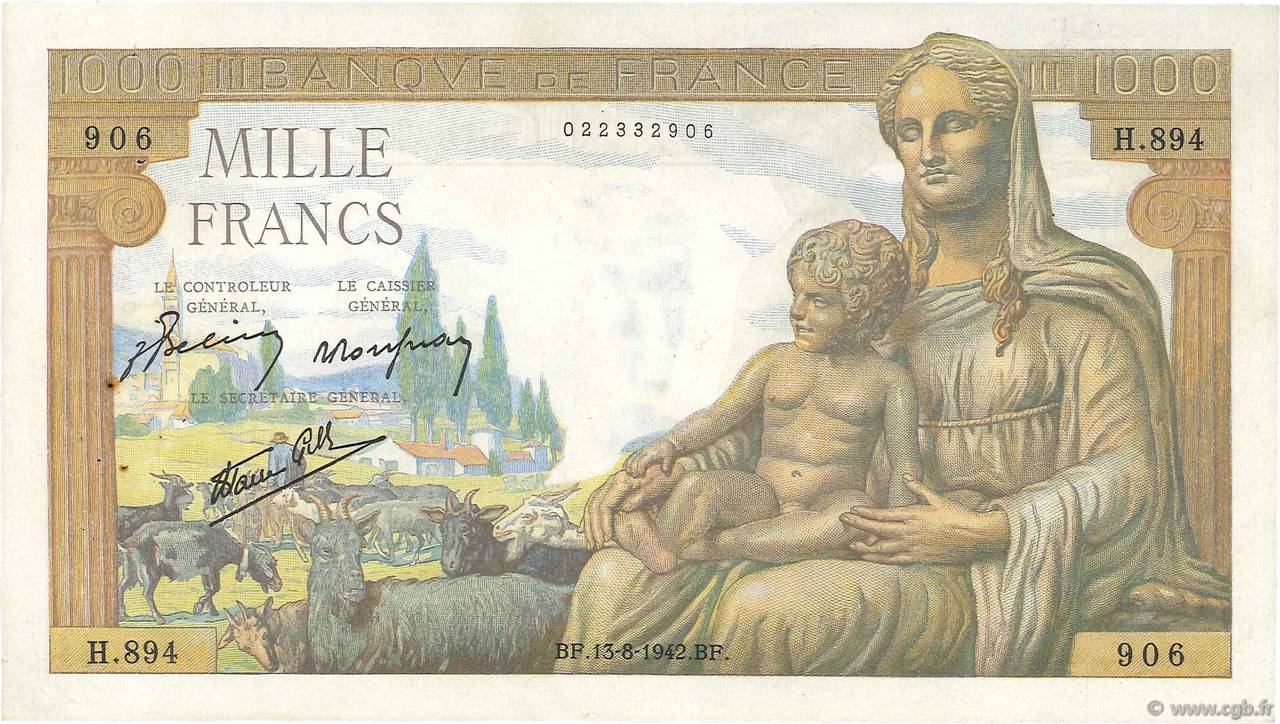 1000 Francs DÉESSE DÉMÉTER FRANCE  1942 F.40.04 TTB