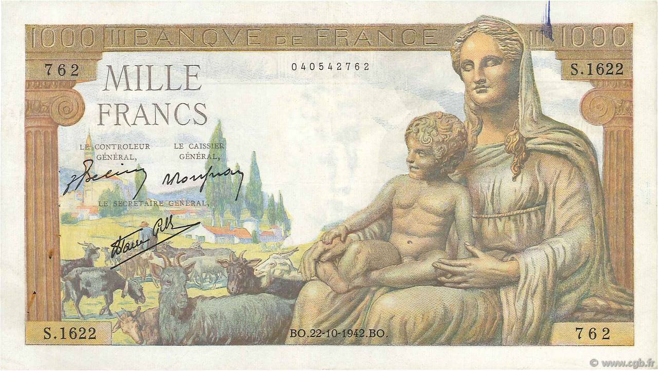 1000 Francs DÉESSE DÉMÉTER FRANCE  1942 F.40.09 TTB