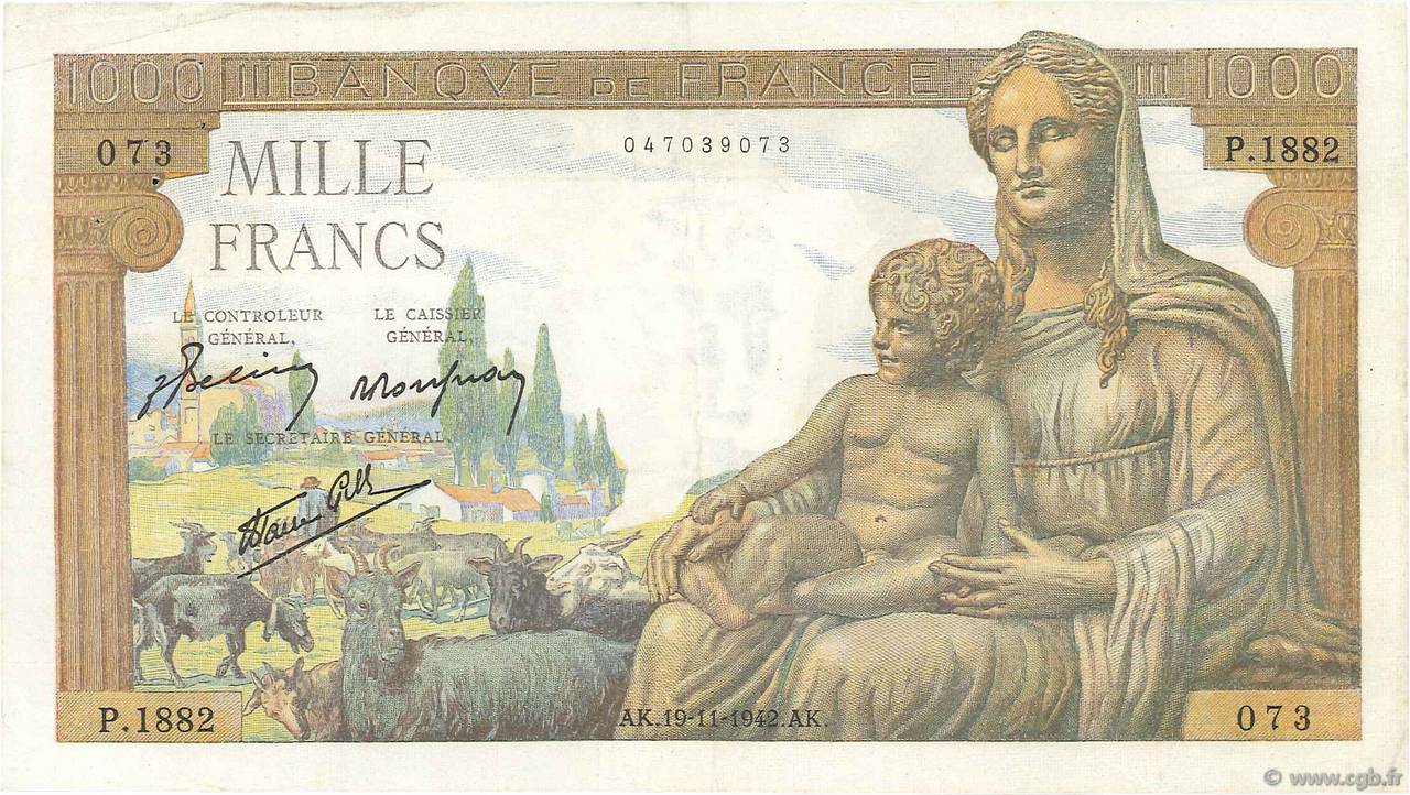 1000 Francs DÉESSE DÉMÉTER FRANCE  1942 F.40.11 VF-