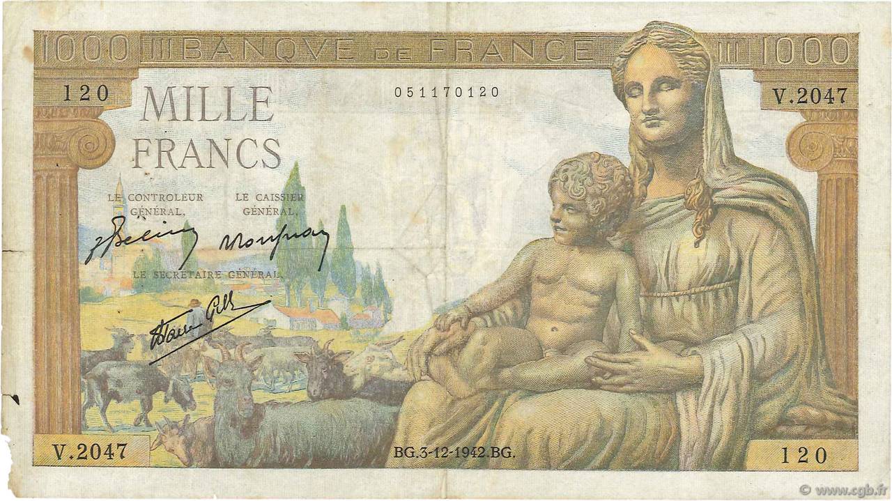 1000 Francs DÉESSE DÉMÉTER FRANCE  1942 F.40.12 B
