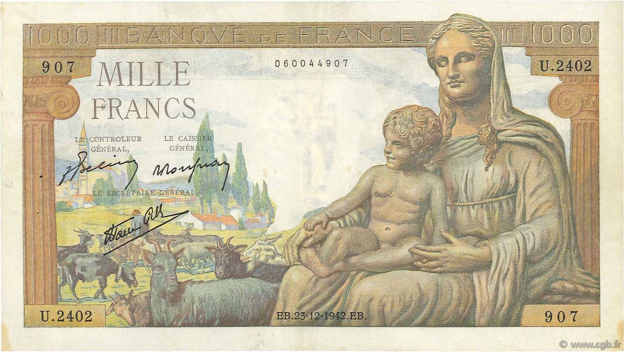 1000 Francs DÉESSE DÉMÉTER FRANCE  1942 F.40.14 TTB