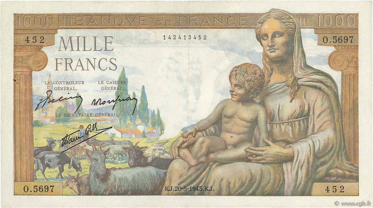 1000 Francs DÉESSE DÉMÉTER FRANCE  1943 F.40.24 VF+