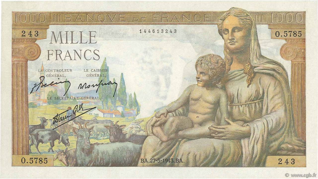 1000 Francs DÉESSE DÉMÉTER FRANCE  1943 F.40.25 SUP+